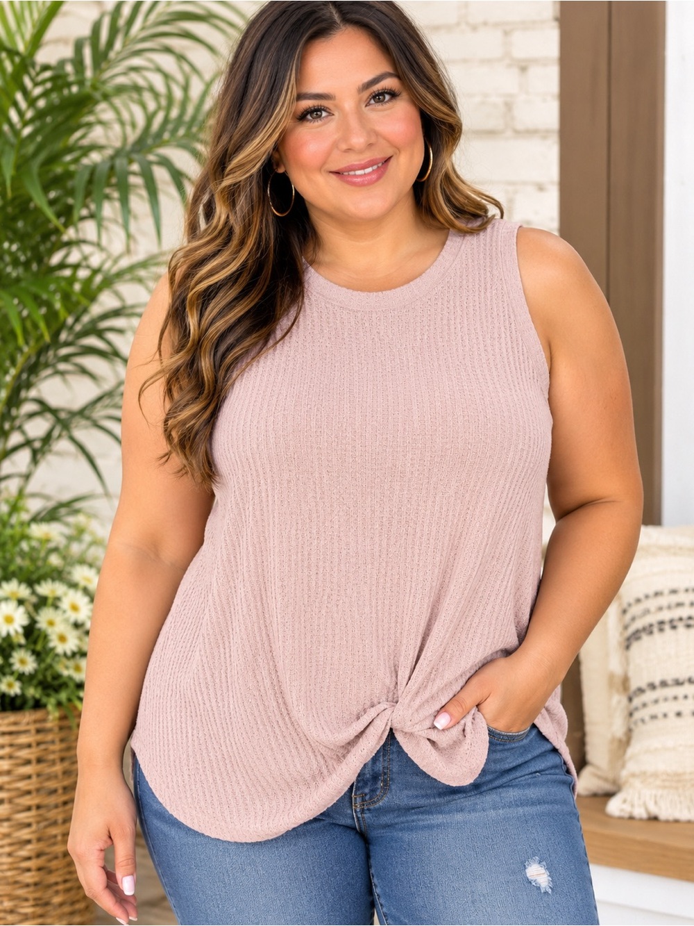 Miholl Dusty Pink Sleeveless Knit Twist-Front Tank Top Size XXL